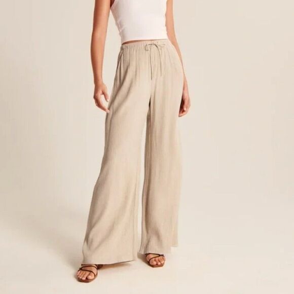 Abercrombie Crinkle Textured Pull-On Pant Wide Leg Large Short Warm Beige - Picture 1 of 5